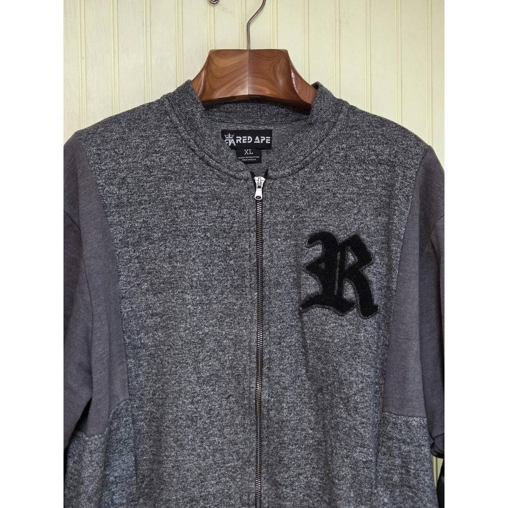 Red Ape Jacket Mens XL Gray Varsity Full Zip Knit R Logo Faux Leather Sleeves‎